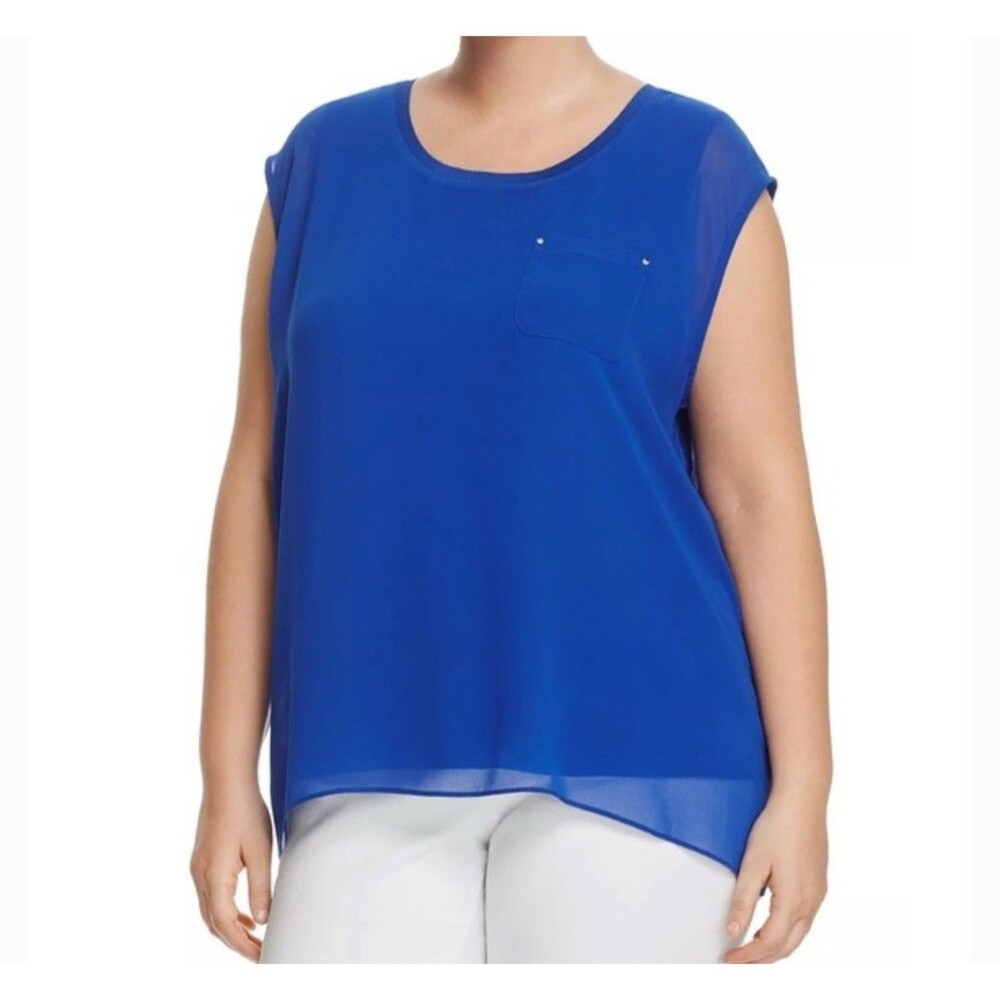 Calvin Klein Royal Regatta Blue Chiffon Overlay Short Sleeve Top 1X Plus